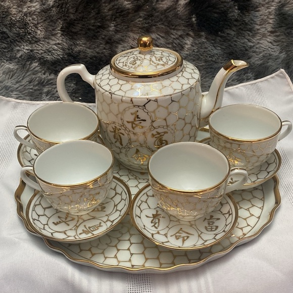 Vintage Chinese Good Fortune Gold teas set - Picture 2 of 16